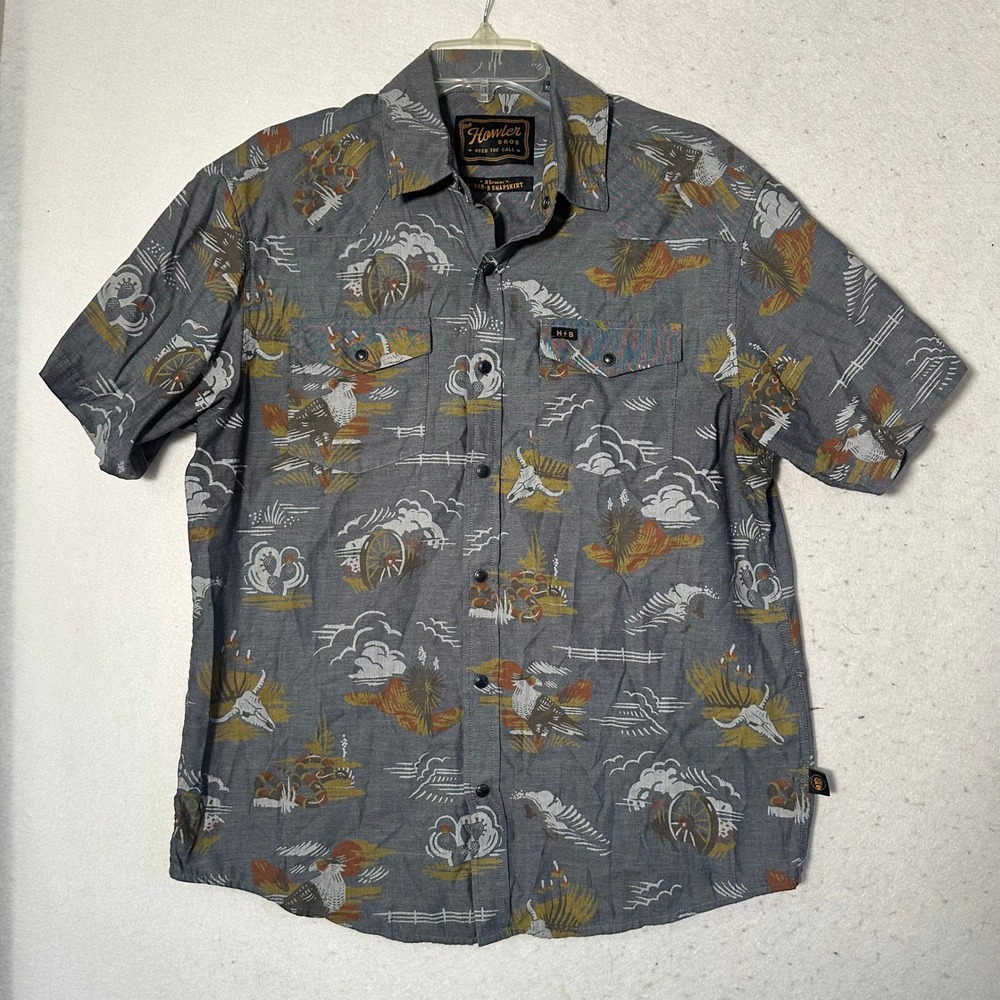 Howler Brothers Mens H-Bar-B Snapshirt Grey Western Print Short Sleeve Medium